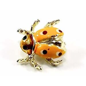 Vintage Peach Enamel Ladybug Brooch Green Rhinestone Eyes Gold Tone Pin